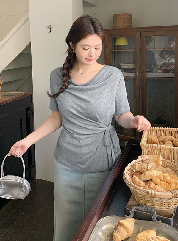 大きいサイズ レディース カウルネックラインウエストタイ半袖トップス LL 3L 4L 5L