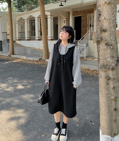 大きいサイズ レディース ストライプパーカー+サスペンダーワンピース2点セット  LL 3L 4L 5L