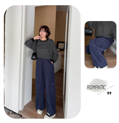 大きいサイズ レディース ニットフリース裏地ワイドレッグカーゴパンツ LL 3L 4L 5L