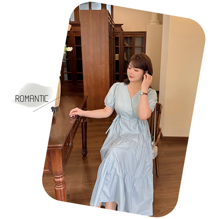 大きいサイズ レディース クロスVネックリボンウエストドロストティアードワンピース LL 3L 4L 5L
