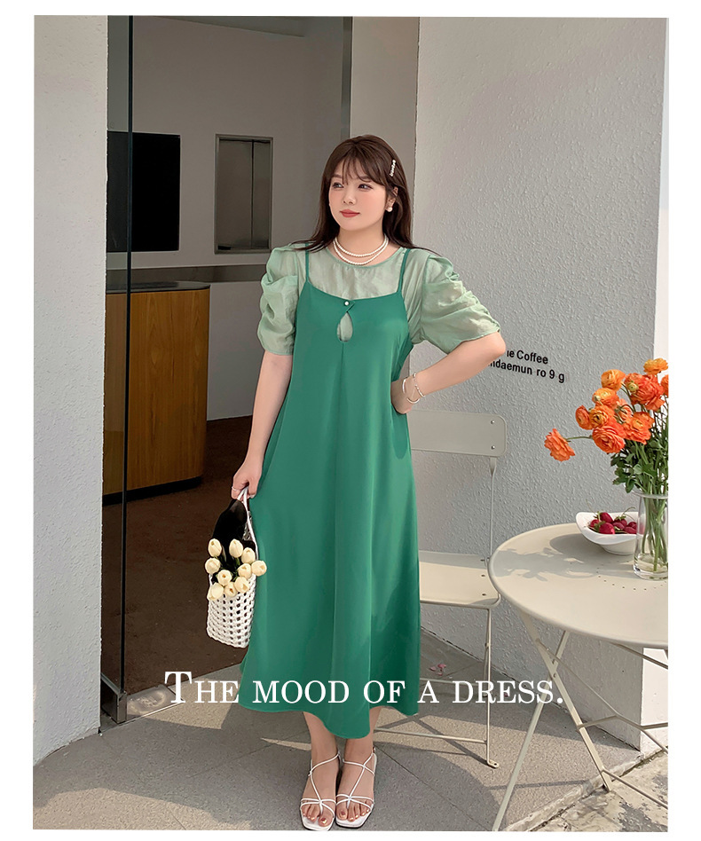 大きいサイズ レディース プリーツパフスリーブブラウス+サスペンダーワンピース LL 3L 4L 5L