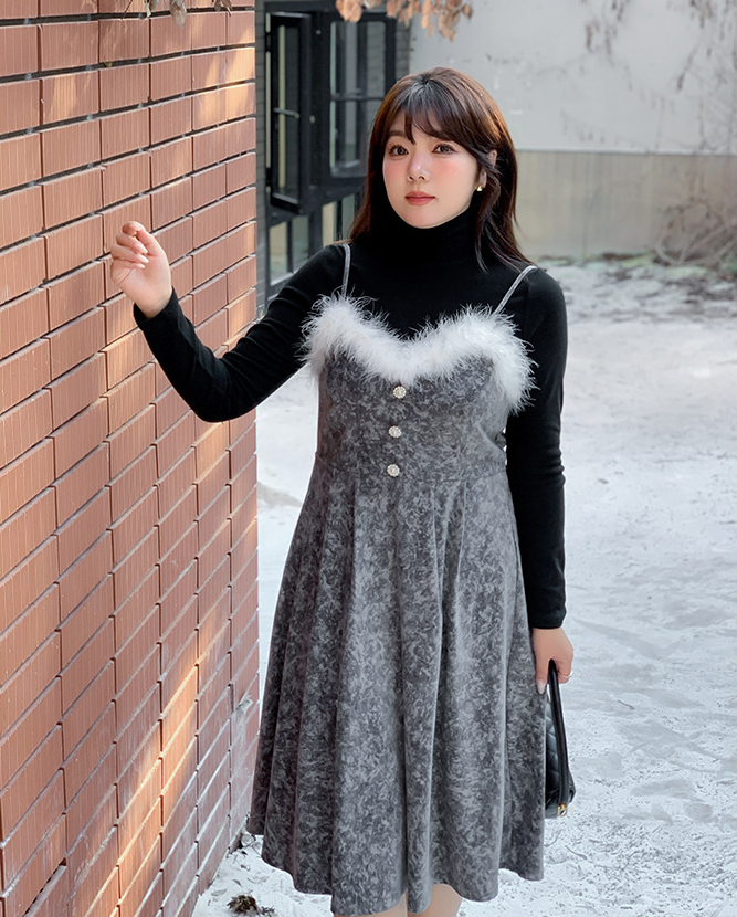 大きいサイズ レディース  ファーベルベットスリップワンピースヴィンテージプリント LL 3L 4L 5L