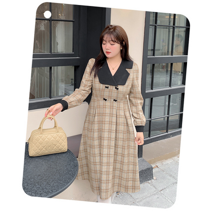 大きいサイズ レディース ブラックラペルフロックリボンチェック柄プリーツワンピース LL 3L 4L 5L