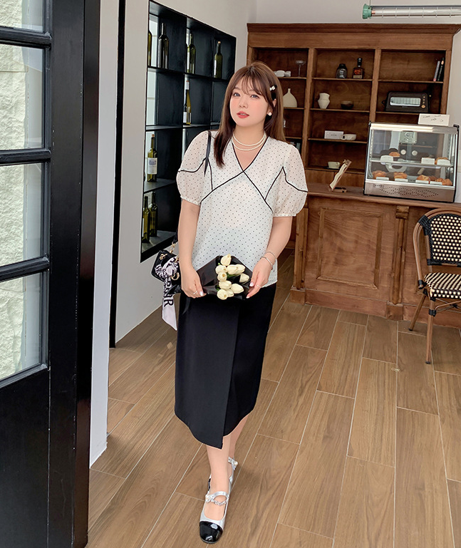 大きいサイズ レディース フレンチVネック水玉模様シースルートップス LL 3L 4L 5L