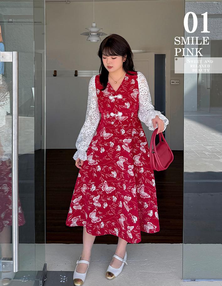 大きいサイズ レディース フェイクツーピースバタフライ刺繍レースワンピース LL 3L 4L 5L