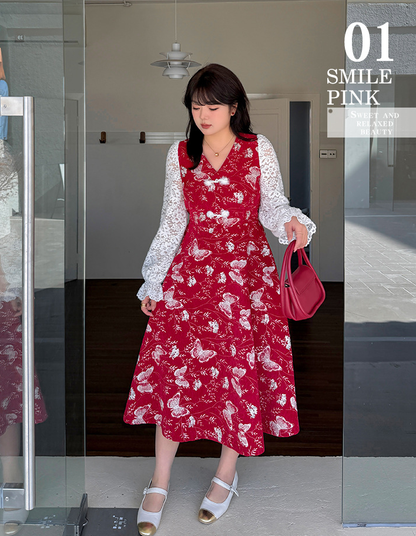 大きいサイズ レディース フェイクツーピースバタフライ刺繍レースワンピース LL 3L 4L 5L