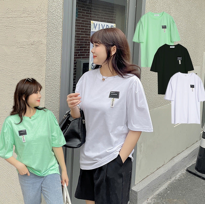 大きいサイズ レディース ラベルデザインラウンドネックTシャツ LL 3L 4L 5L