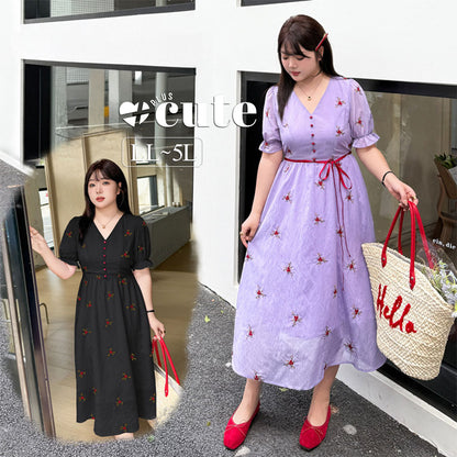 大きいサイズ レディース Vネック刺繍入りリボン花柄ワンピース LL 3L 4L 5L