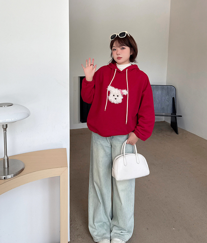 大きいサイズ レディース ふわふわ小犬厚手ニットスウェットパーカー LL 3L 4L 5L