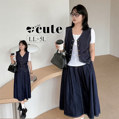 大きいサイズ レディース ネイビーブルーデニムツーピース（ベスト＋スカート） LL 3L 4L 5L