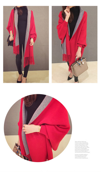 大きいサイズ レディース 袖付き着るニットフリンジストール F フリーサイズ