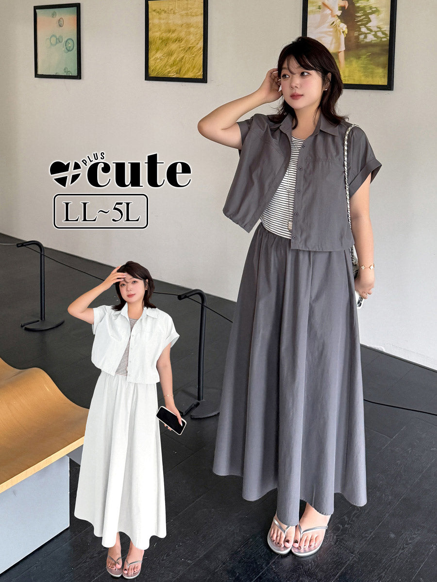 大きいサイズ レディース レイヤード風シャツ＆フレアスカートセット LL 3L 4L 5L