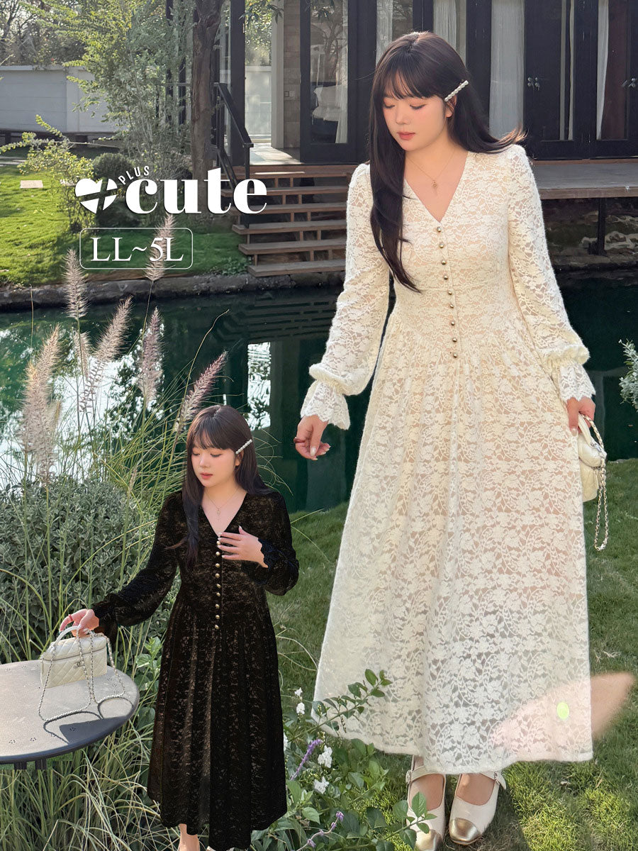 大きいサイズ レディース Vネックビーズボタン花柄レースワンピース LL 3L 4L 5L