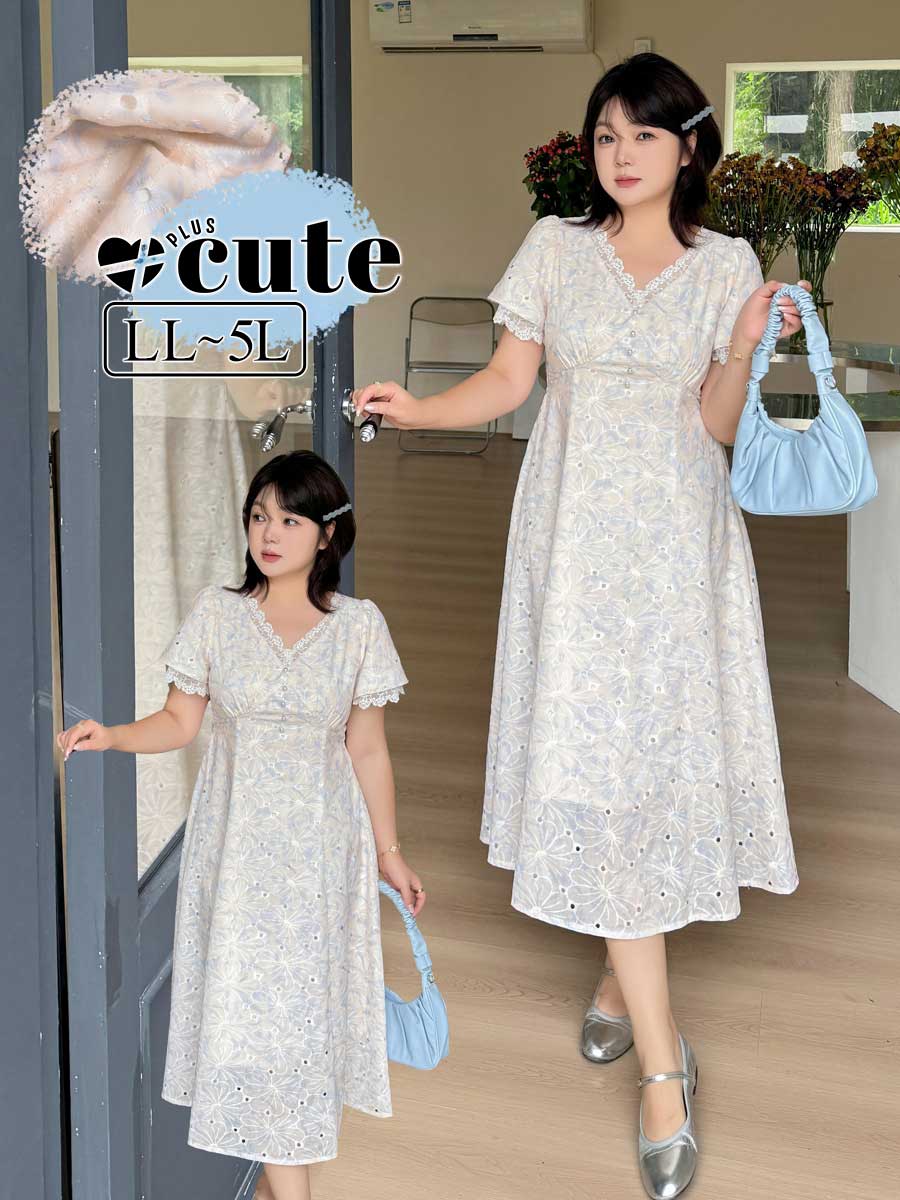 大きいサイズ レディース フラワーレース刺繍Vネックワンピース LL 3L 4L 5L