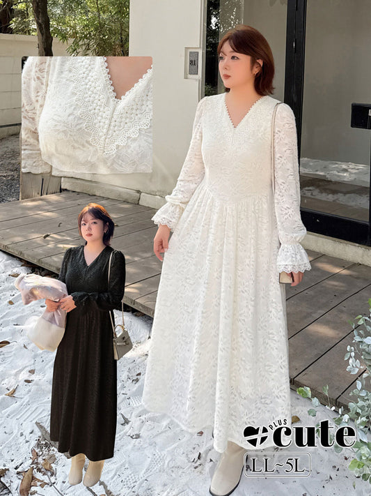 大きいサイズ レディース Vネック花柄レースワンピース LL 3L 4L 5L