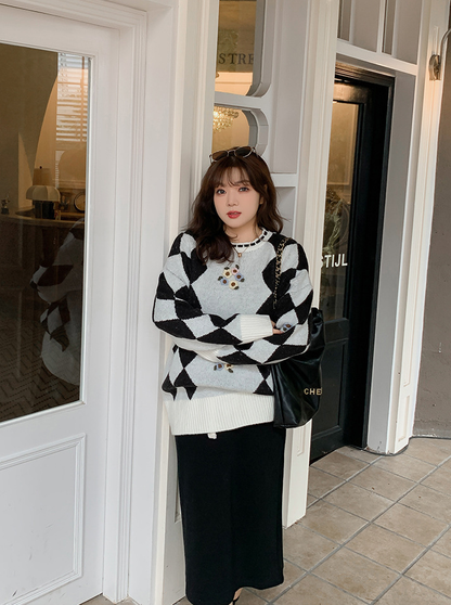 大きいサイズ レディース ラウンドネックレトロ小花ダイヤ柄プルオーバーセーター LL 3L 4L