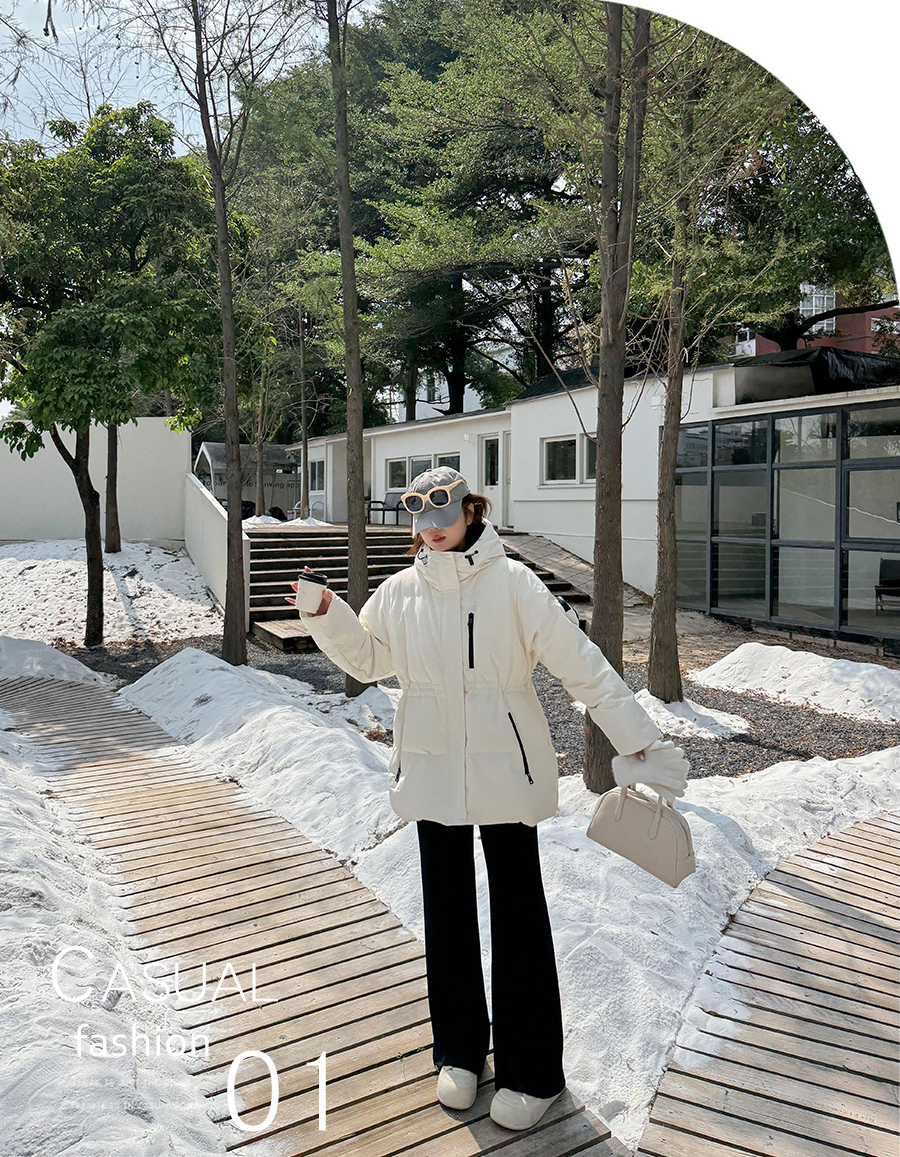 大きいサイズ レディース フード付きロゴ刺繍ワッペンミドル丈ダックダウンジャケット LL 3L