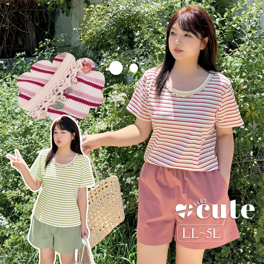 大きいサイズ レディース クルーネックストーン飾りストライプ半袖Tシャツ LL 3L 4L 5L