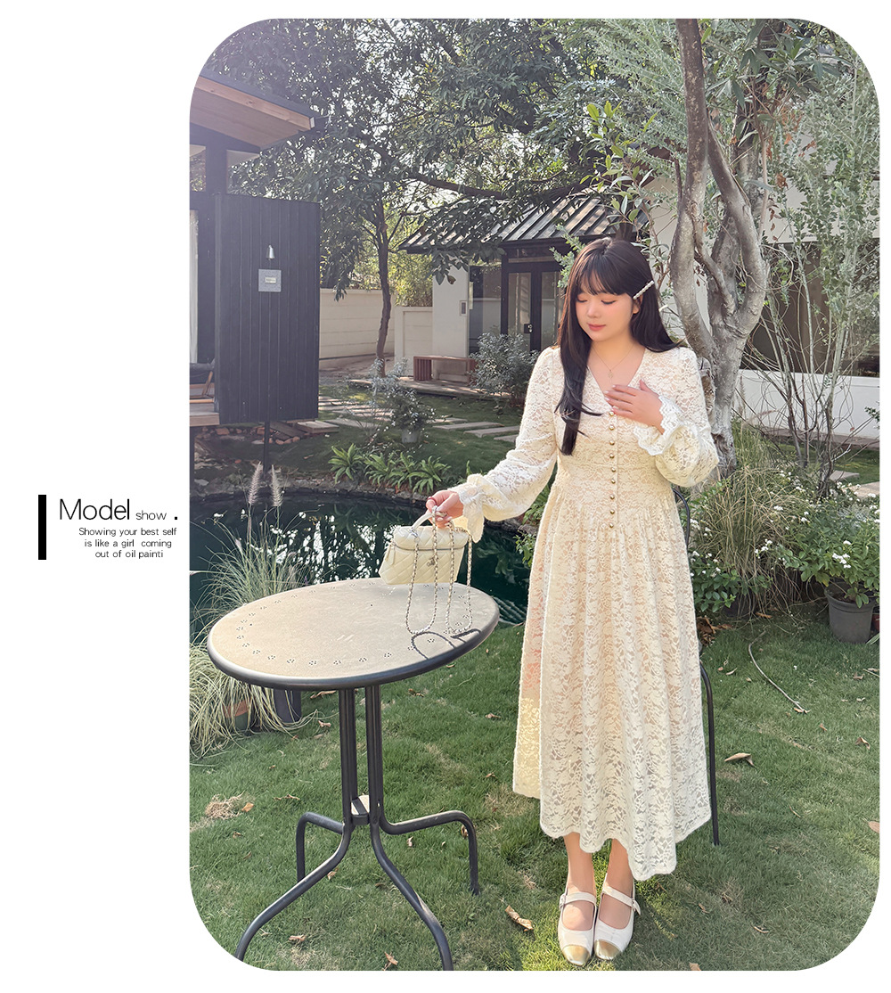 大きいサイズ レディース Vネックビーズボタン花柄レースワンピース LL 3L 4L 5L