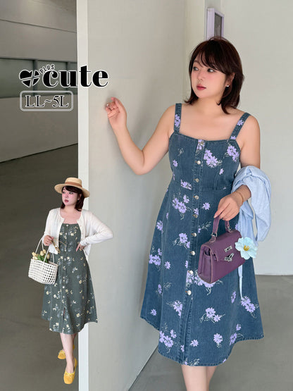 大きいサイズ レディース レトロ花柄デニムキャミソールワンピース LL 3L 4L 5L