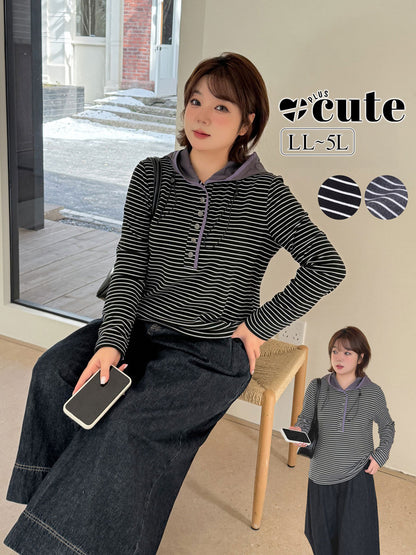 大きいサイズ レディース フード付きストライプ柄ベースレイヤーフリースシャツ LL 3L 4L 5L