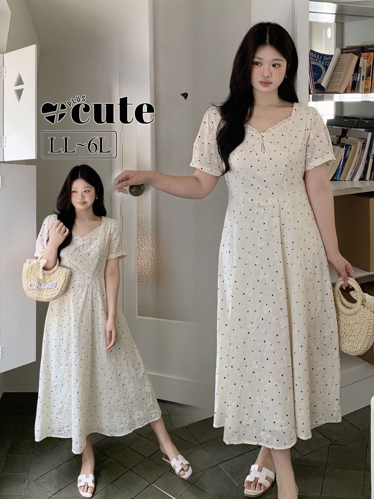 大きいサイズ レディース レースネックドット刺繍フレアワンピース LL 3L 4L 5L 6L