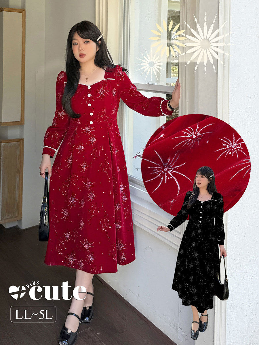大きいサイズ レディース ビーズ花火柄ベルベットフレンチワンピース LL 3L 4L 5L