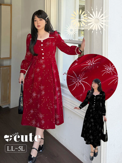 大きいサイズ レディース ビーズ花火柄ベルベットフレンチワンピース LL 3L 4L 5L