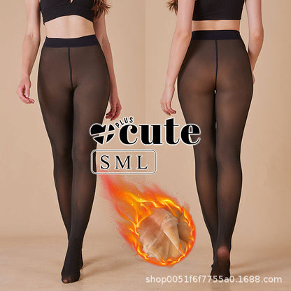 大きいサイズ レディース 暖かいフリース裏地付き透けて見えるタイツ S M L