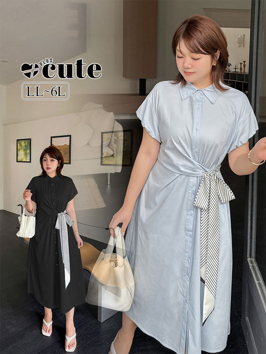 大きいサイズ レディース ストライプリボンウエストシャツワンピース LL 3L 4L 5L 6L
