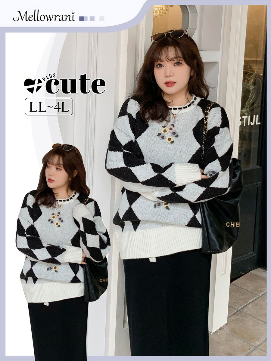 大きいサイズ レディース ラウンドネックレトロ小花ダイヤ柄プルオーバーセーター LL 3L 4L