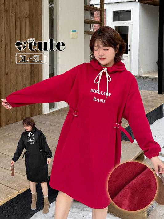 大きいサイズ レディース ウエストバックル付きカジュアルパーカースウェットワンピース 3L 4L 5L