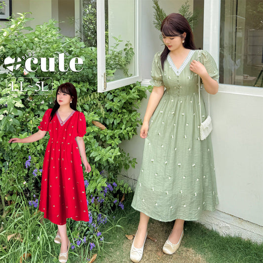 大きいサイズ レディース レースVネックフラワー刺繍ワンピース LL 3L 4L 5L