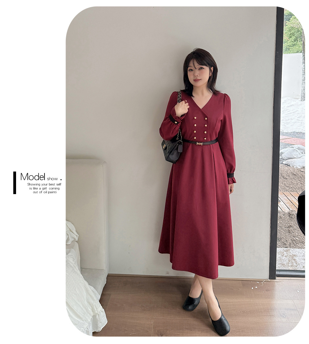 大きいサイズ レディース フリルVネックダブルブレストワンピース（ベルト別売） LL 3L 4L 5L