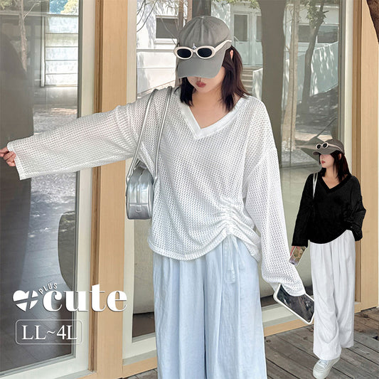 大きいサイズ レディース Vネックレース編みメッシュニットシャツ LL 3L 4L