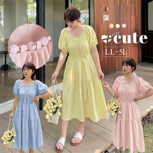 大きいサイズ レディース ビーズドローストリング付きプリーツワンピース LL 3L 4L 5L