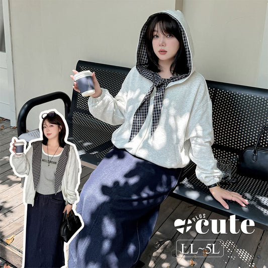 大きいサイズ レディース チェック柄リボンカジュアルパーカージャケット LL 3L 4L 5L