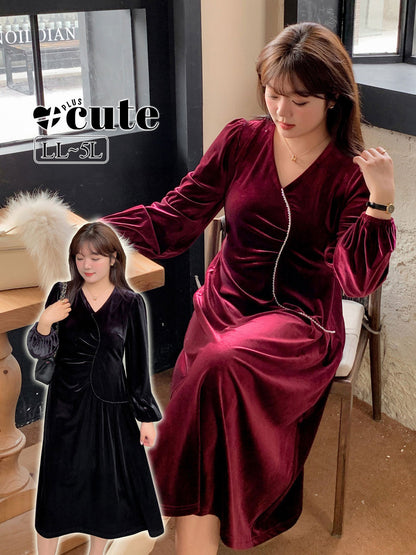 大きいサイズ レディース Vネックラインストーン装飾エレガントベルベットワンピース LL 3L 4L 5L