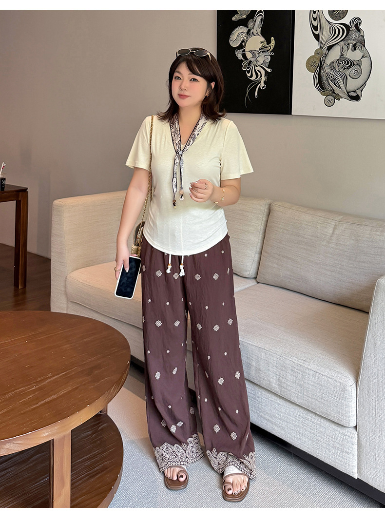 大きいサイズ レディース スカーフ付きVネックボヘミアン刺繍リラックスセットアップ(別売) LL 3L 4L 5L