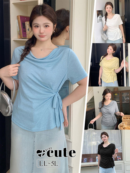 大きいサイズ レディース カウルネックラインウエストタイ半袖トップス LL 3L 4L 5L