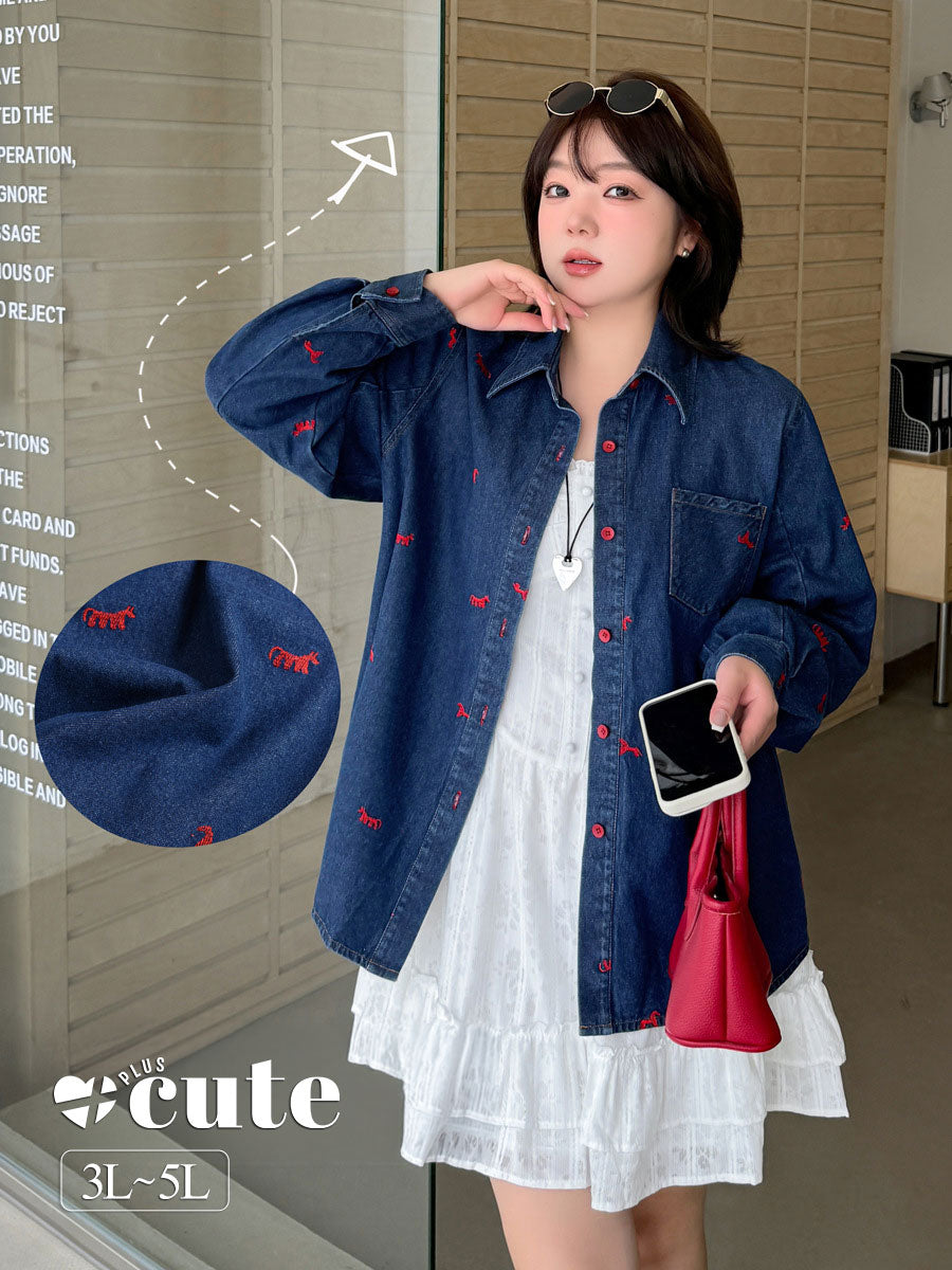 大きいサイズ レディース ポニー刺繍カジュアルウォッシュデニムシャツ 3L 4L 5L