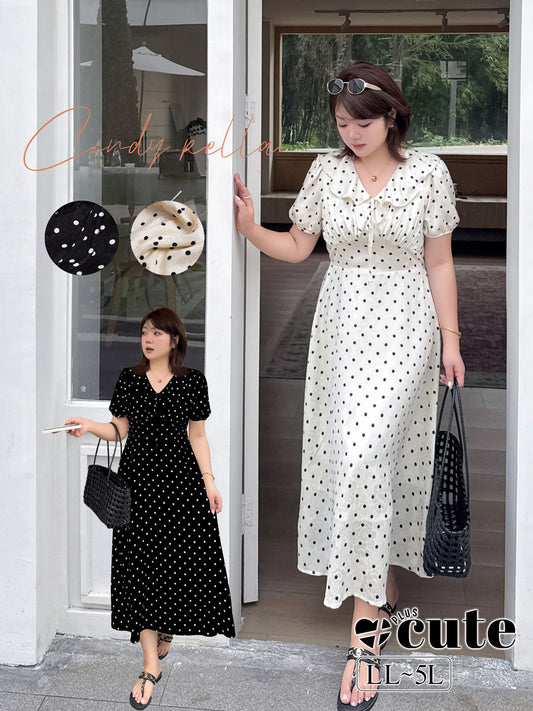 大きいサイズ レディース 水玉フリルカラーリボンシフォンワンピース LL 3L 4L 5L