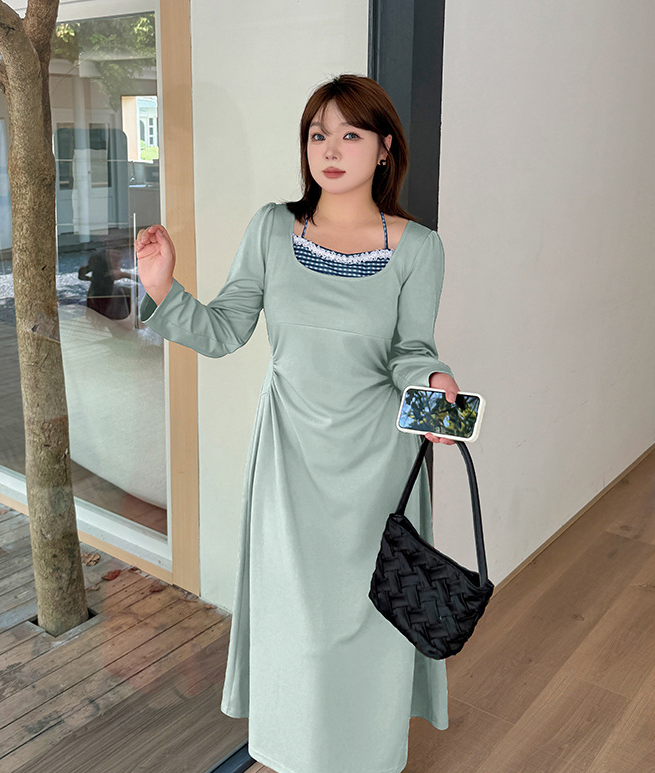 大きいサイズ レディース レースチェック柄フェイクツーピースウエストワンピース LL 3L 4L 5L