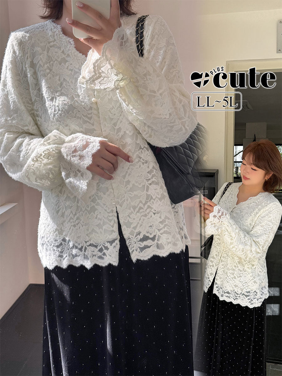 大きいサイズ レディース Vネックフリル刺繍レースエレガントブラウス LL 3L 4L 5L