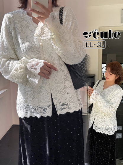 大きいサイズ レディース Vネックフリル刺繍レースエレガントブラウス LL 3L 4L 5L