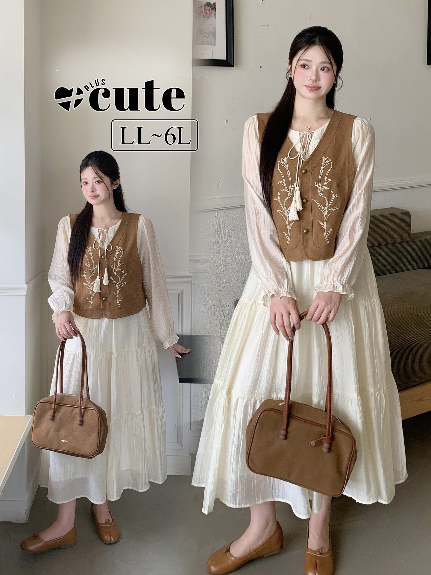 大きいサイズ レディース フラワー刺繍ベスト＆ティアードワンピース2点セット LL 3L 4L 5L 6L