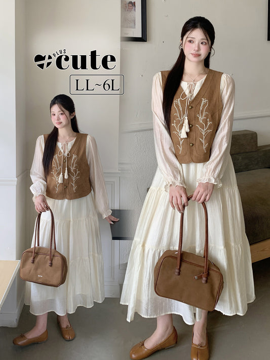 大きいサイズ レディース フラワー刺繍ベスト＆ティアードワンピース2点セット LL 3L 4L 5L 6L
