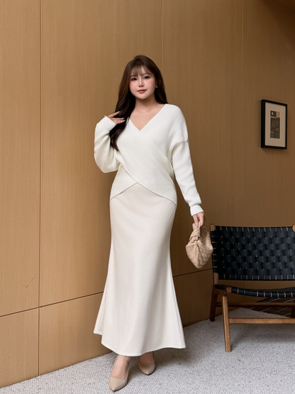 大きいサイズ レディース クロスオーバーVネックエレガントスリーピース（セーター+スカート+ショール） L LL 3L 4L F フリーサイズ