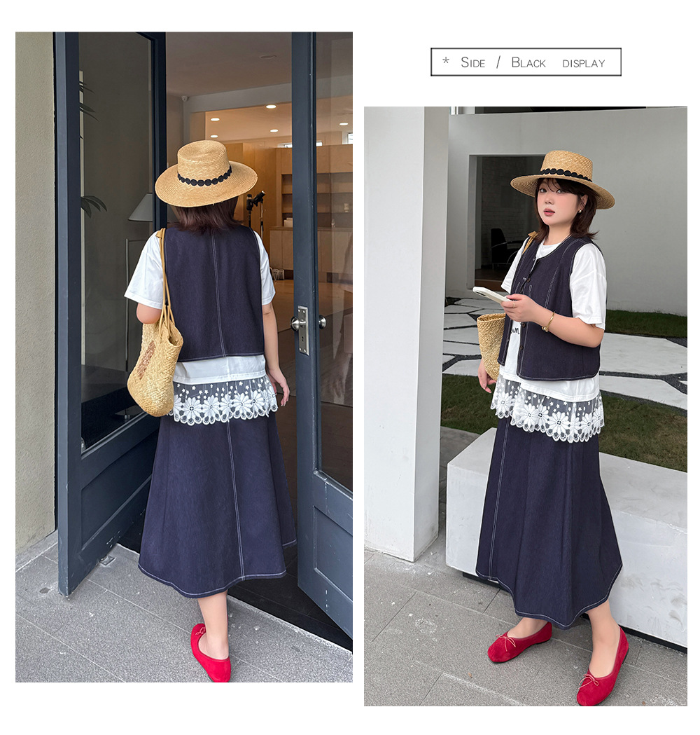 大きいサイズ レディース セットアップ（フェイクデニムステッチベスト＋スカート） LL 3L 4L 5L