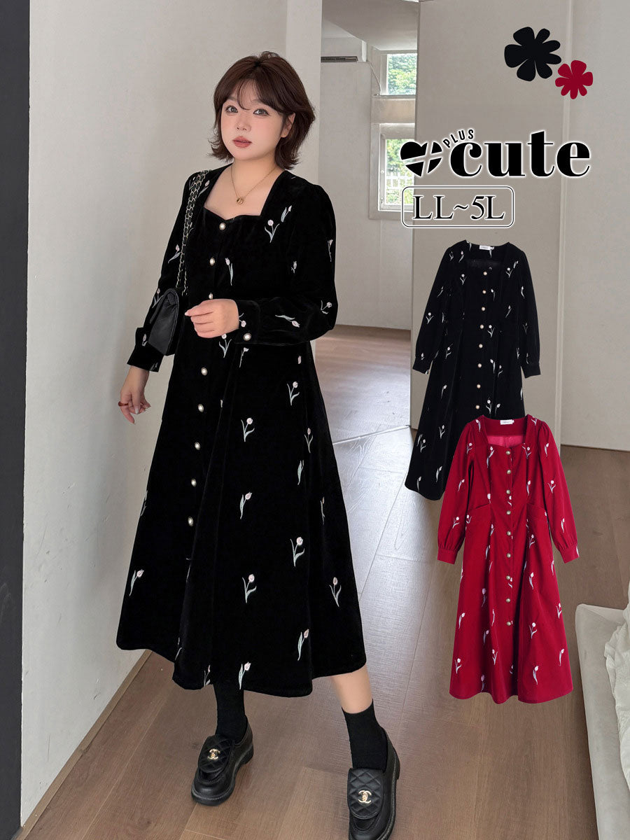 大きいサイズ レディース フレンチスクエアネックチューリップ刺繍ベルベットワンピース LL 3L 4L 5L